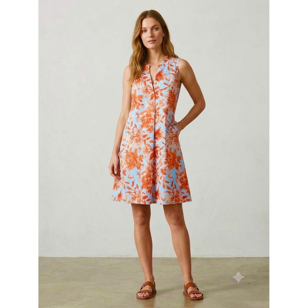 Mersea floral cotton a line dress Size L orange blue coastal